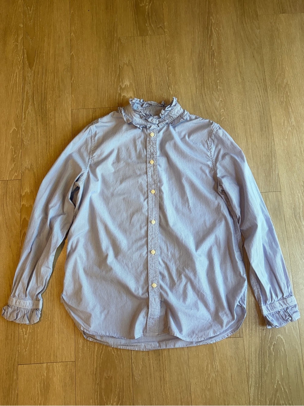 J. Crew Light Blue Striped Ruffle-Trim Button-Down Shirt